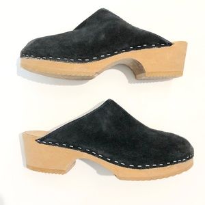 Trolls Swedish Black Suede and Wood Clogs